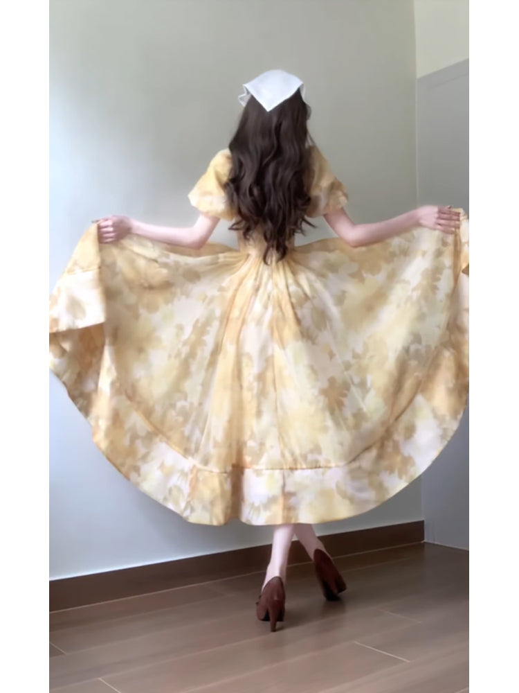 Sexy French A line Square Neckline Yellow Holiday Dress Floral Birthday Dresses Birthday Outfits