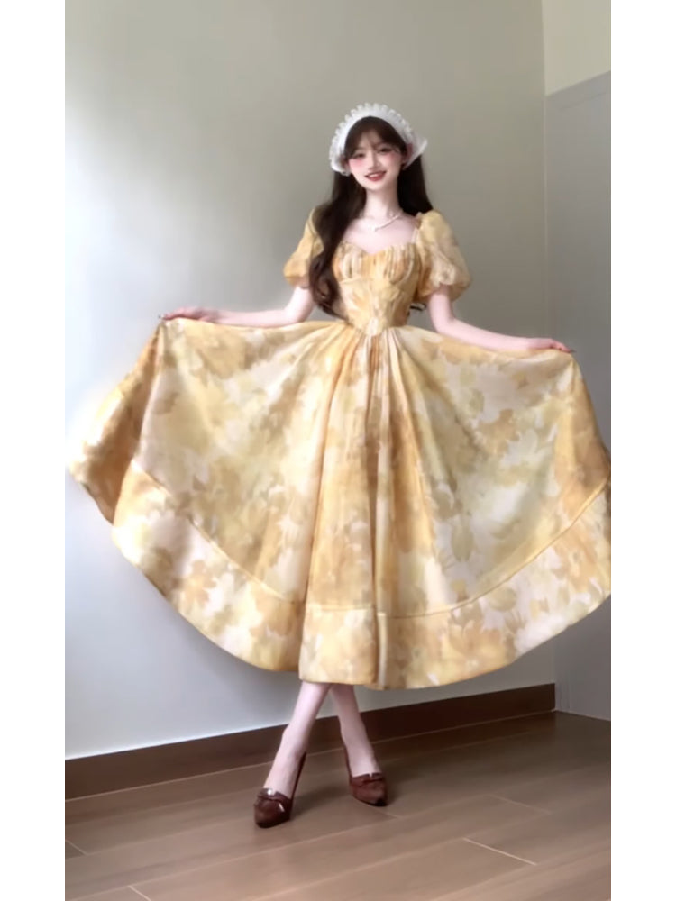 Sexy French A line Square Neckline Yellow Holiday Dress Floral Birthday Dresses Birthday Outfits