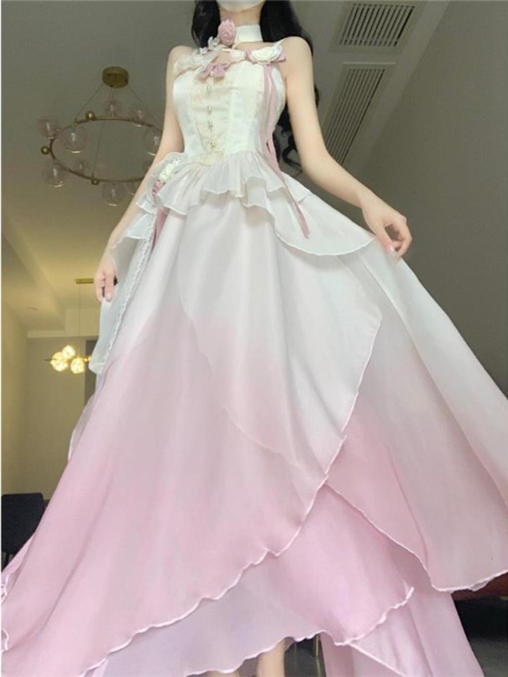 Sexy A-Line Ombre Pink Chiffon Dress Long Prom Dresses Night Dress Birthday Outfits - View 2 | FashionDia