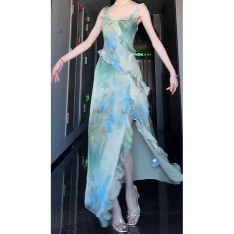 Sexy Sheath Straps Green Floral Beach Dress Women's Vacation Dresses Birthday Dress