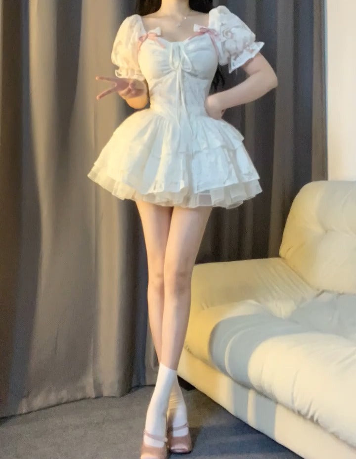 Chic Ball Gown Short Sleeves White Lace Lolita Dresses Party Dress Birthday Outfits - View 6 | FashionDia