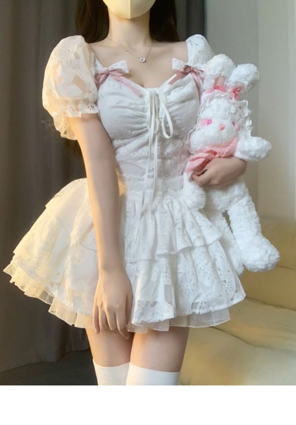 Chic Ball Gown Short Sleeves White Lace Lolita Dresses Party Dress Birthday Outfits - View 2 | FashionDia