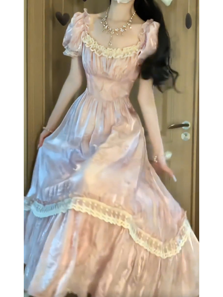 Cute A-Line Square Neckline Pink Lace Long Prom Dresses Night Dress Birthday Outfits - FashionDia