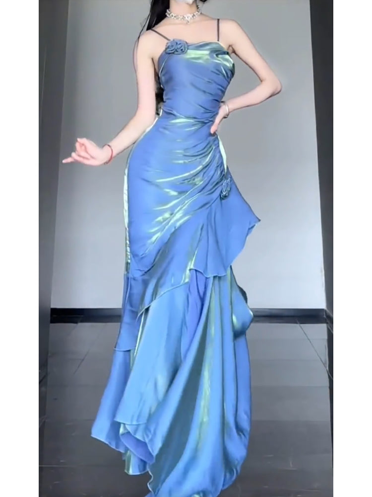 Sexy Mermaid Spaghetti Straps Blue Long Prom Dresses Night Dress Birthday Outfits - FashionDia