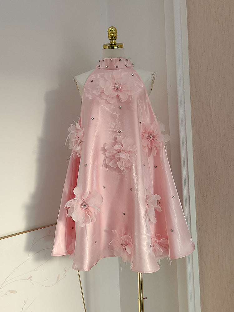 Cute A-Line Halter Pink Travel Vacation Dresses Short Satin Birthday Dress - FashionDia