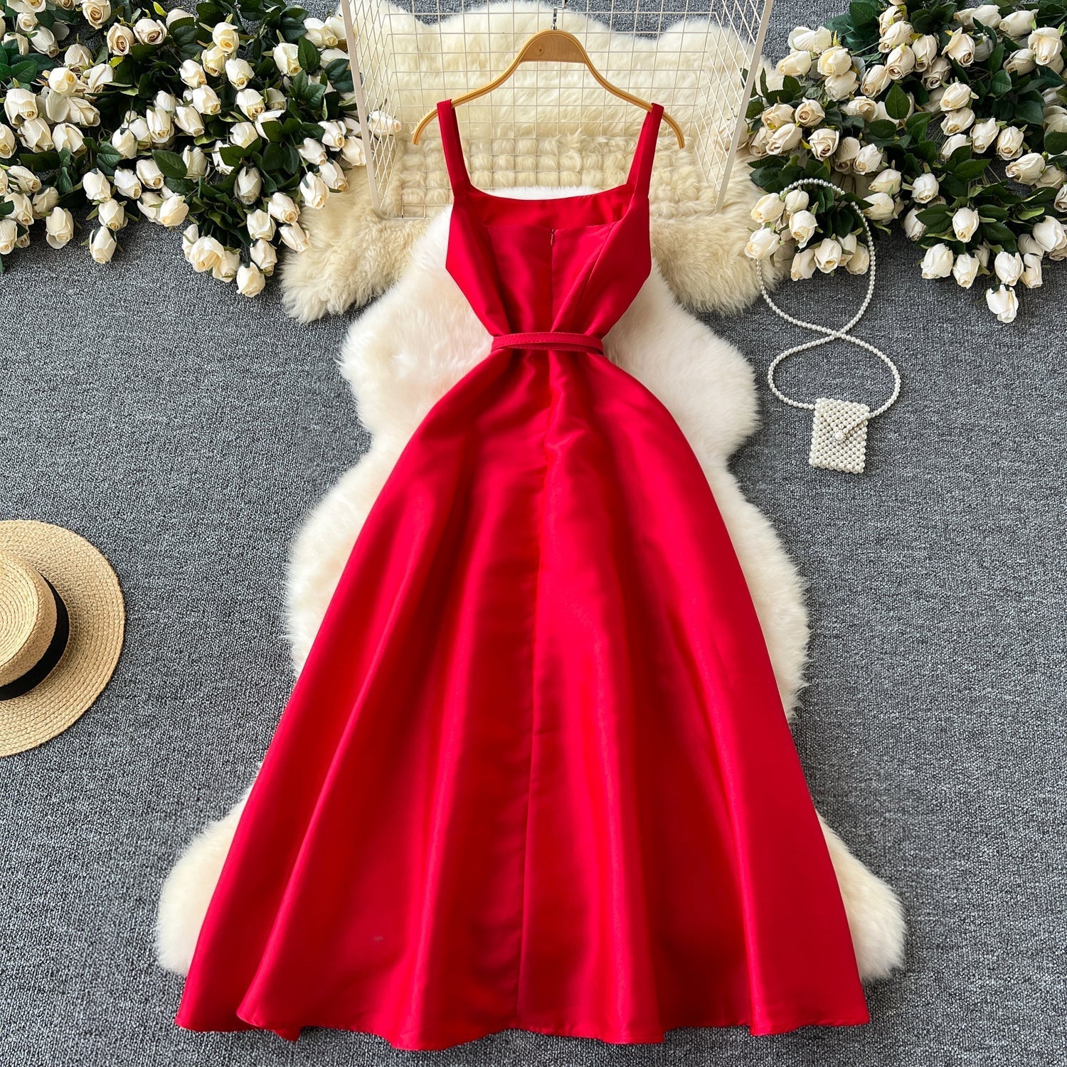 Simple A line Straps Red Holiday Dresses Midi Length Women's Dress