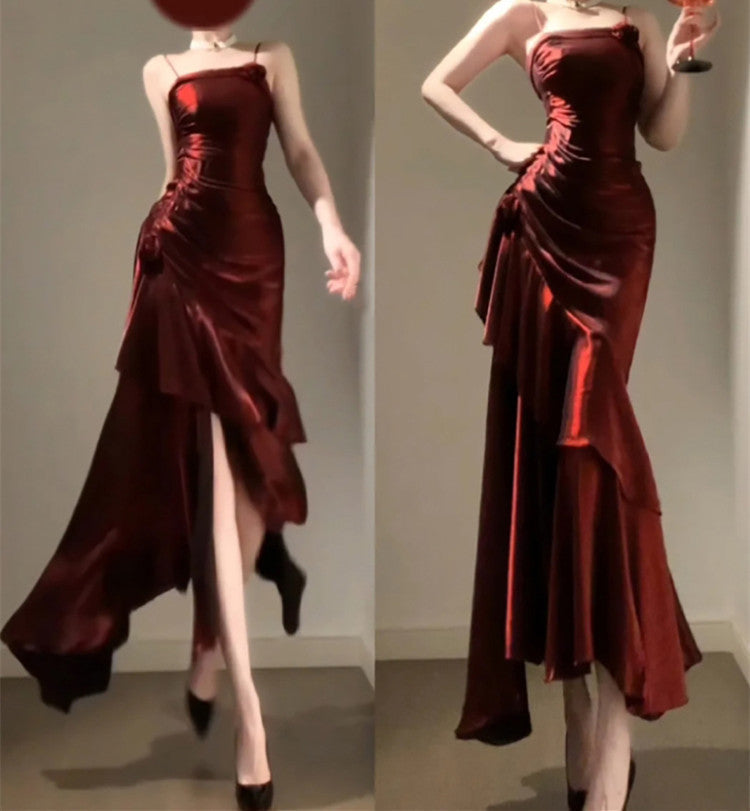 Vintage Sheath Spaghetti Straps Burgundy Holiday Dress Birthday Dresses Birthday Outfit