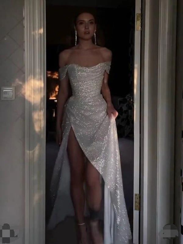 Sparkly Ivory Mermaid Off-the-Shoulder High Slit Cheap Long Prom Dresses - View 2 | FashionDia