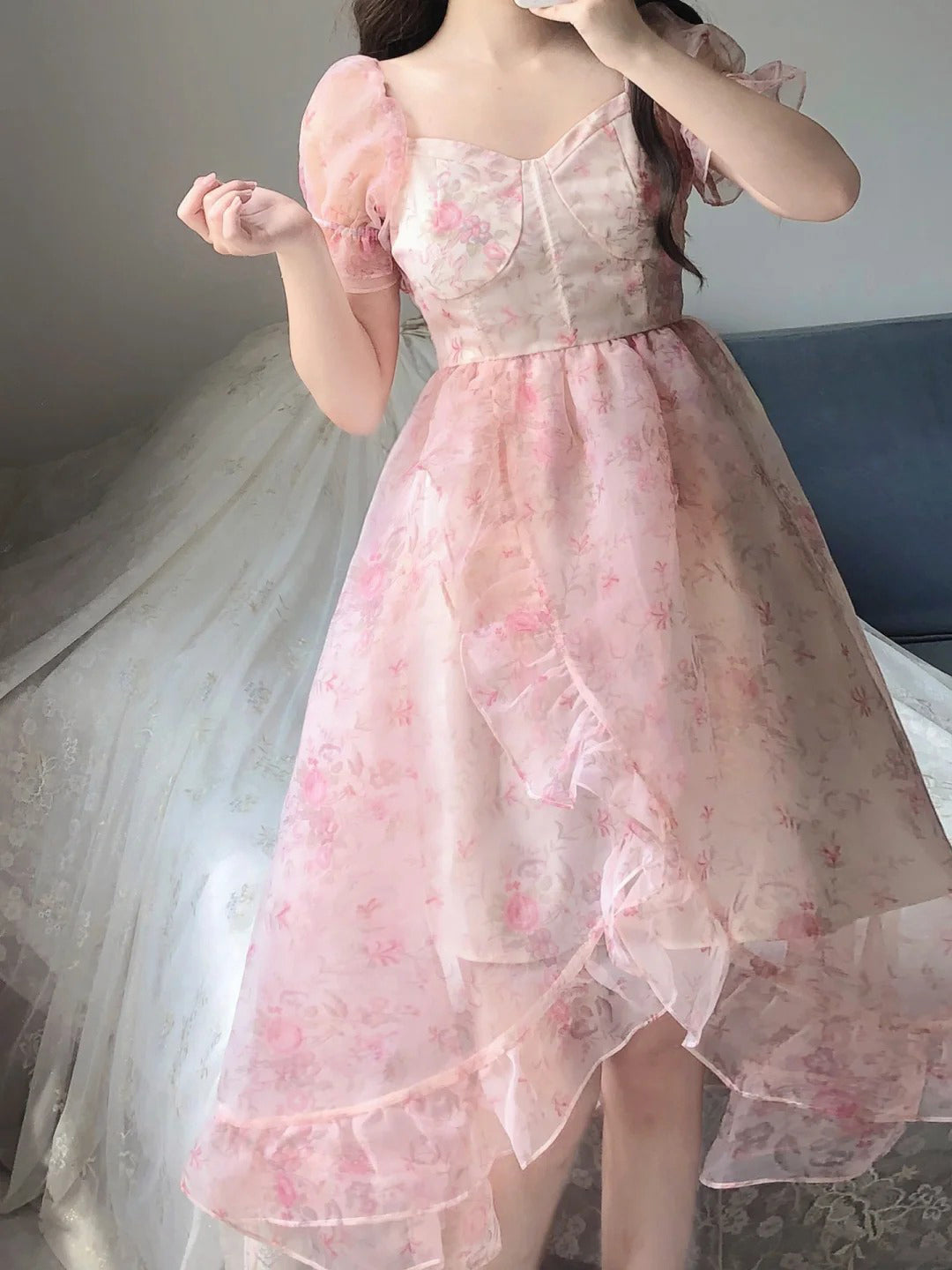 Vintage High-Low Square Neckline Floral Holiday Dress Birthday Dresses Birthday Outfits - View 2 | FashionDia