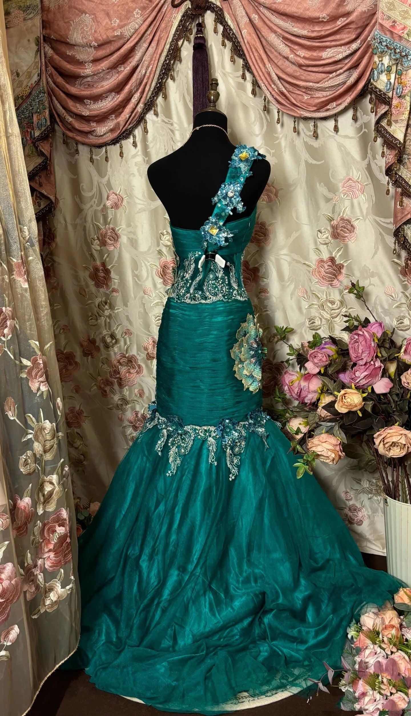 Retro Mermaid One Shoulder Green Lace Prom Dresses Long Party Dress
