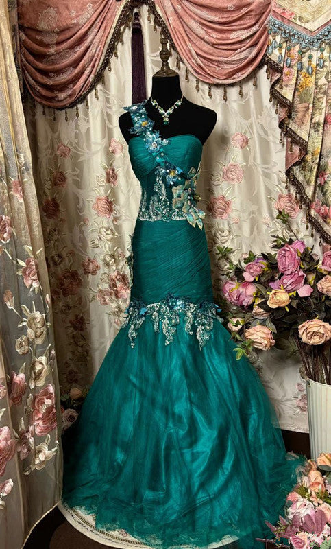 Retro Mermaid One Shoulder Green Lace Prom Dresses Long Party Dress
