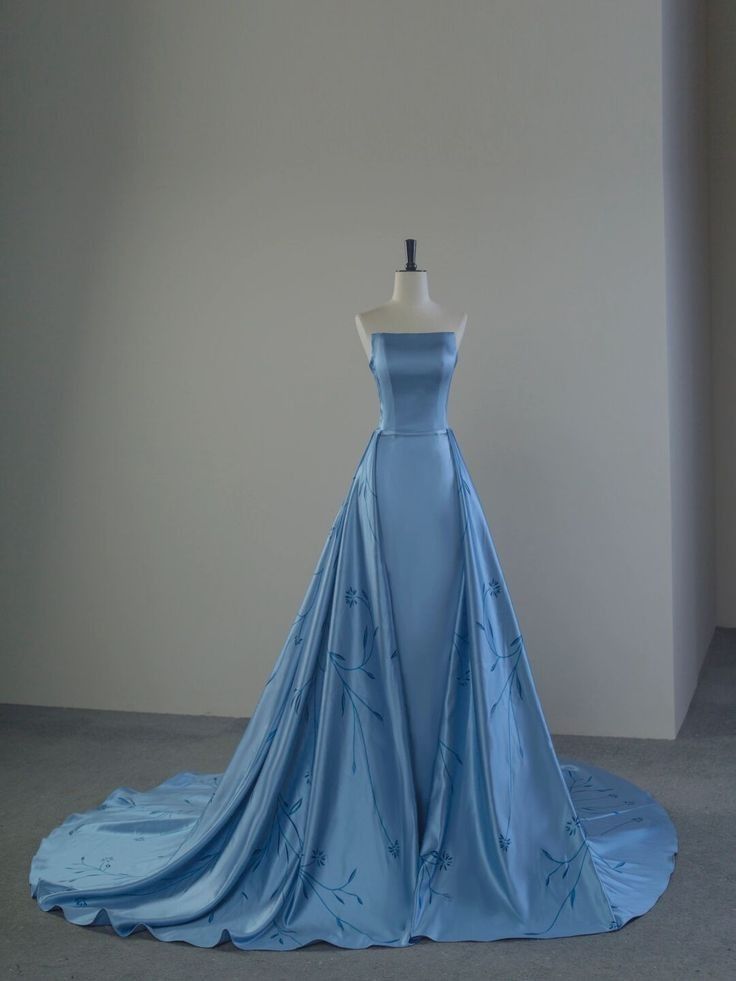 Classy A-Line Strapless Blue Satin Long Prom Dresses Party Dress - FashionDia
