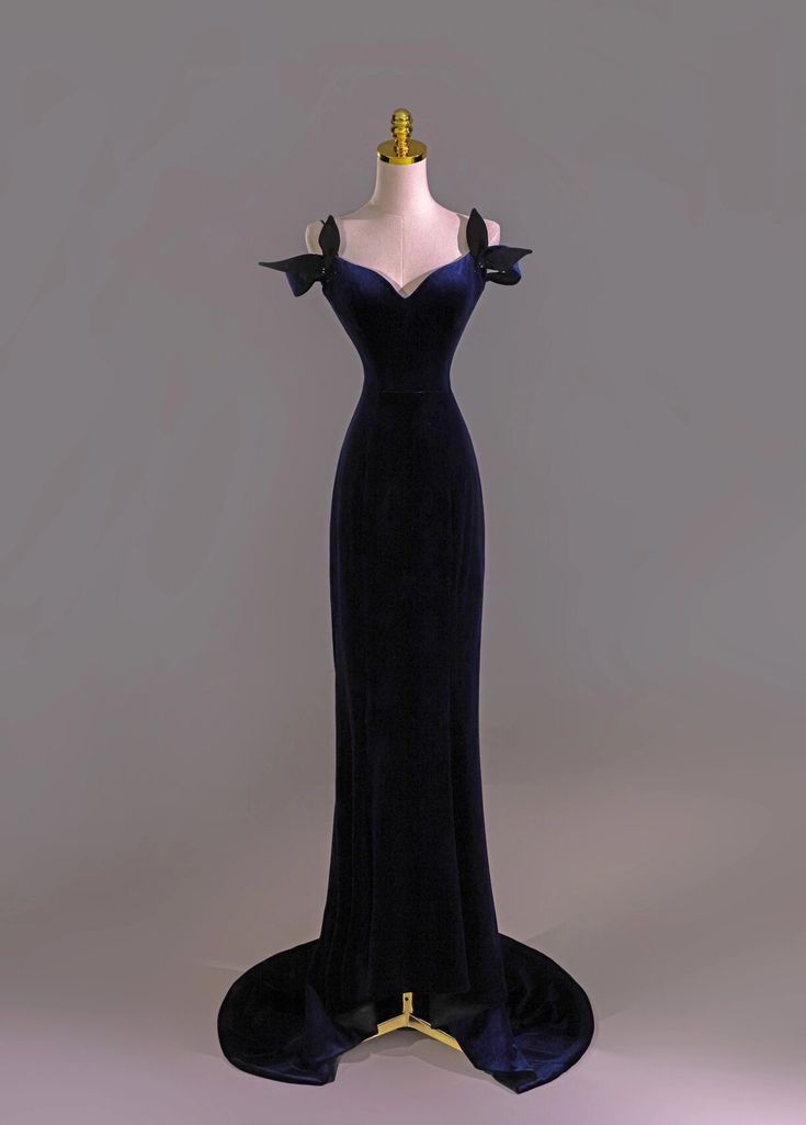 Classy Mermaid Straps Navy Blue Velvet Long Prom Dresses Party Dress - FashionDia