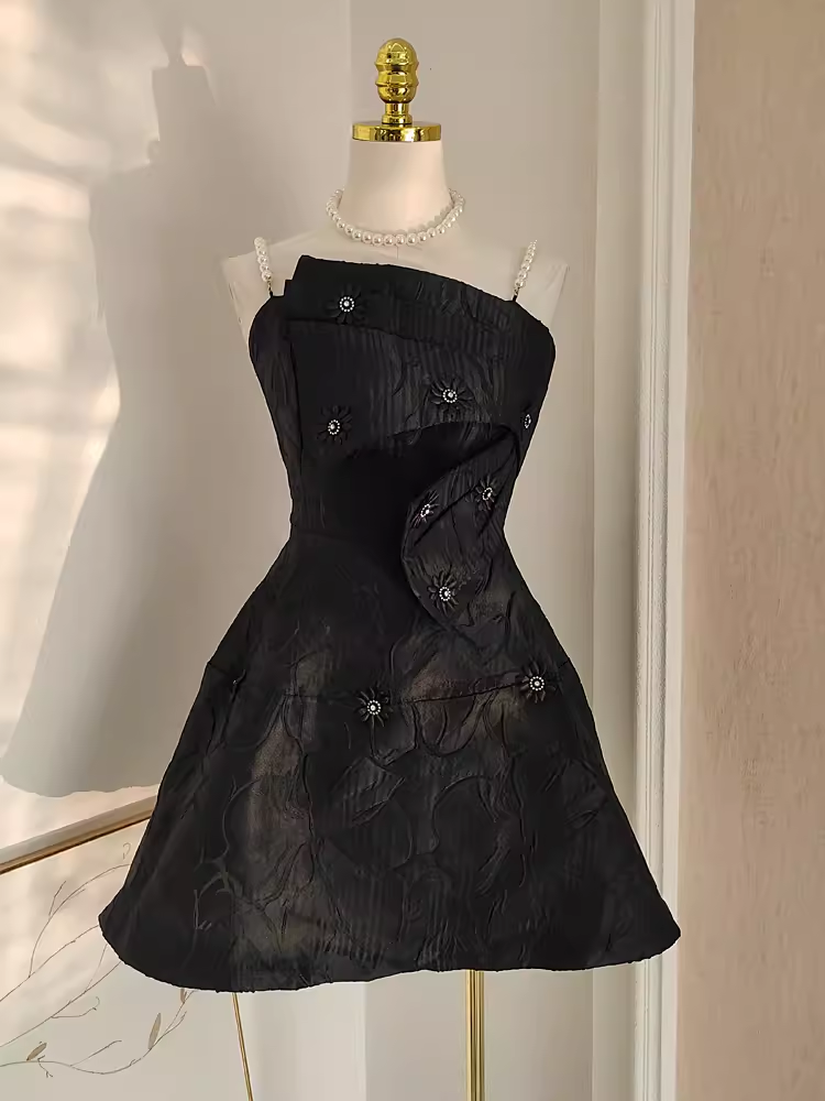 Cute A-Line Spaghetti Straps Black Pearls Women Dress Short Birthday Outfits - FashionDia