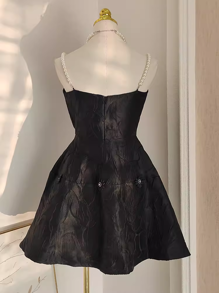 Cute A-Line Spaghetti Straps Black Pearls Women Dress Short Birthday Outfits - View 2 | FashionDia