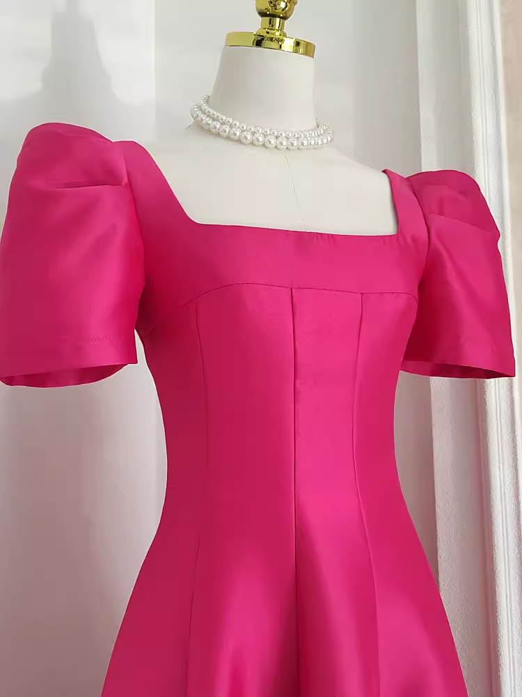 Cute A-Line Square Neckline Hot Pink Vacation Dress Satin Women Dresses - View 3 | FashionDia