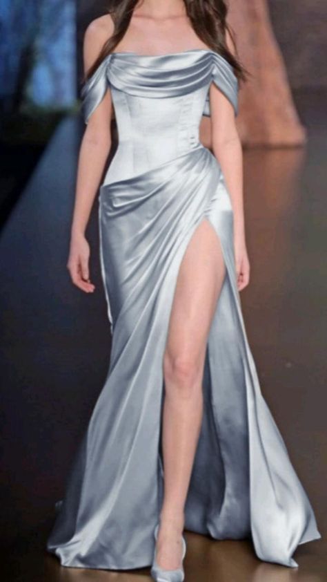 Simple A-Line Off The Shoulder Blue Satin Long Prom Dresses Formal Evening Dress