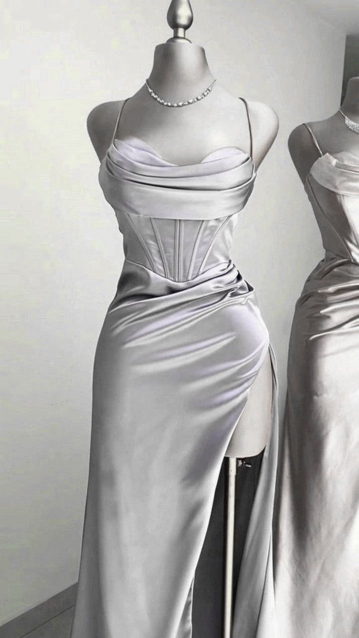 Pretty A-Line Spaghetti Straps Silver Satin Long Prom Dresses Formal Evening Dress