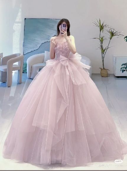 Classy Ball Gown Strapless Sleeveless Tulle Pink Evening Prom Dresses - FashionDia