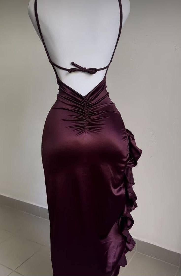 Classy Sheath Halter Satin Burgundy Sleeveless High-Low Prom Dresses - View 2 | FashionDia