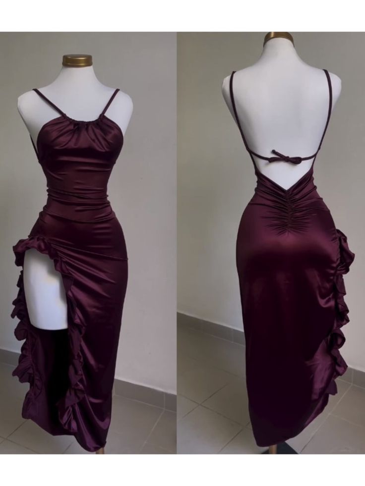 Classy Sheath Halter Satin Burgundy Sleeveless High-Low Prom Dresses - FashionDia