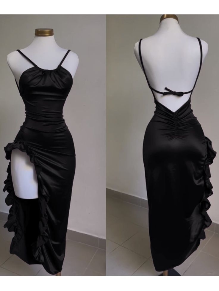 Classy Sheath Halter Satin Black Sleeveless High-Low Prom Dresses - FashionDia