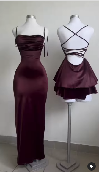 Classy Sheath Spaghetti Straps Burgundy Satin Sleeveless Long Backless Prom Dresses - FashionDia