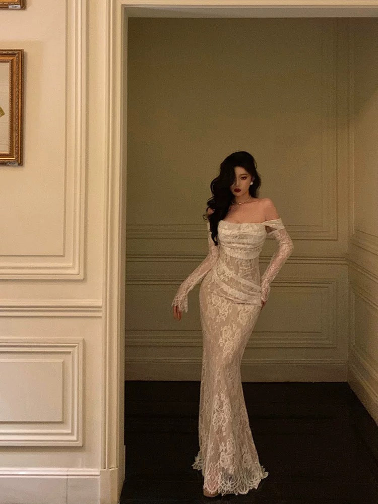 Classy Sheath Off-the-Shoulder White Long Sleeves Prom Dresses - View 6 | FashionDia