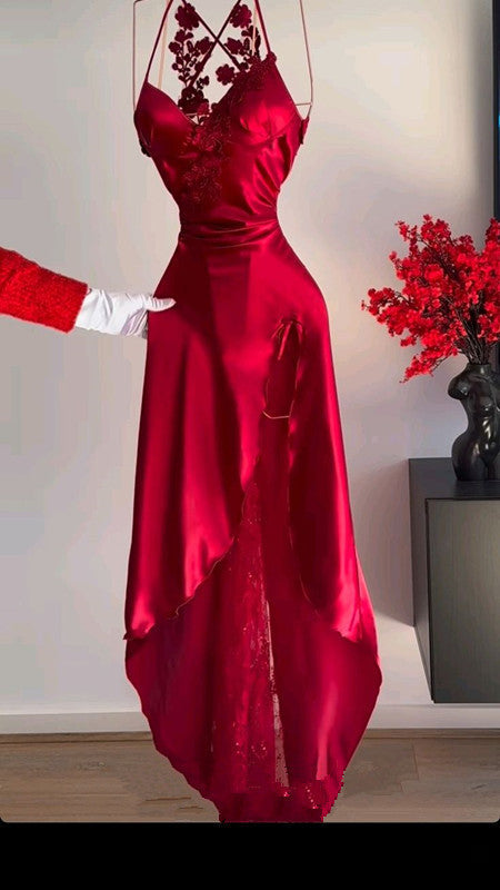 Classy A-Line Halter Red Sleeveless Long Party Dress Prom Dresses - FashionDia