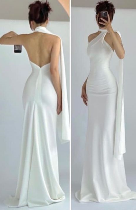 Simple Mermaid High Neckline White Party Dress Long Prom Dresses