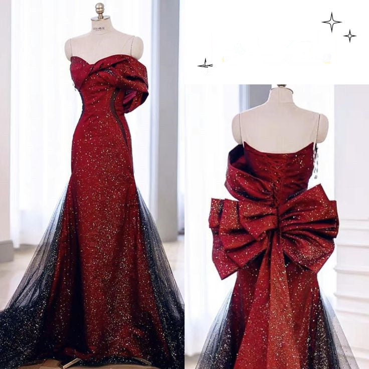 Classy Mermaid Off-the-Shoulder Burgundy Long Party Dress Satin Prom Dresses - View 2 | FashionDia
