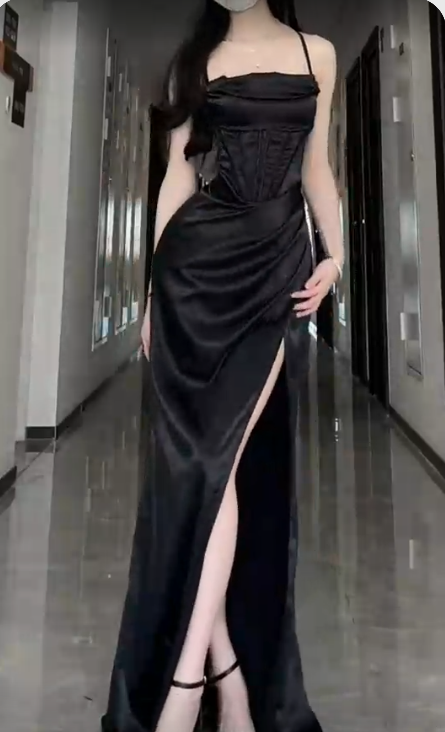 Elegant Satin Mermaid Maxi Dress Black Prom Dresses Evening Dress