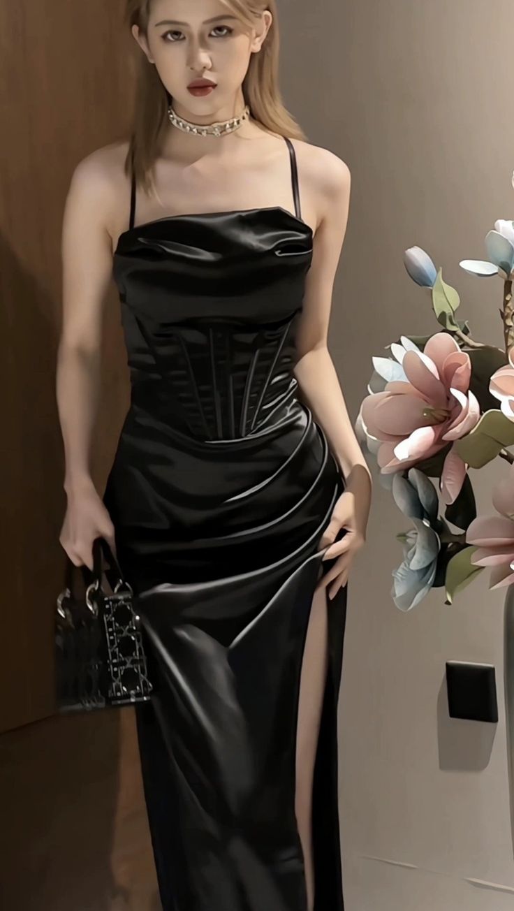 Elegant Satin Mermaid Maxi Dress Black Prom Dresses Evening Dress
