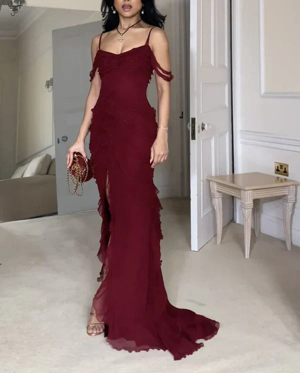 Pretty Mermaid Off The Shoulder Burgundy Slit Long Prom Dresses Formal Evening Dress