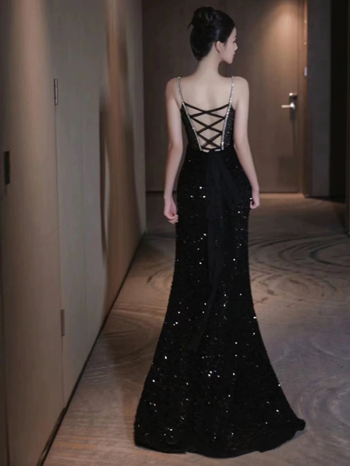 Sexy Mermaid Spaghetti Straps Sequin Black Long Prom Dresses