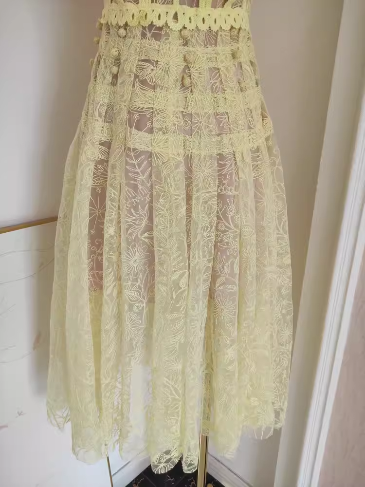 Cute A-Line Scoop Yellow Short Sleeves Lace Vacation Dress Women Dresses - View 7 | FashionDia