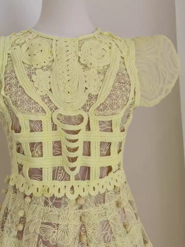 Cute A-Line Scoop Yellow Short Sleeves Lace Vacation Dress Women Dresses - View 3 | FashionDia