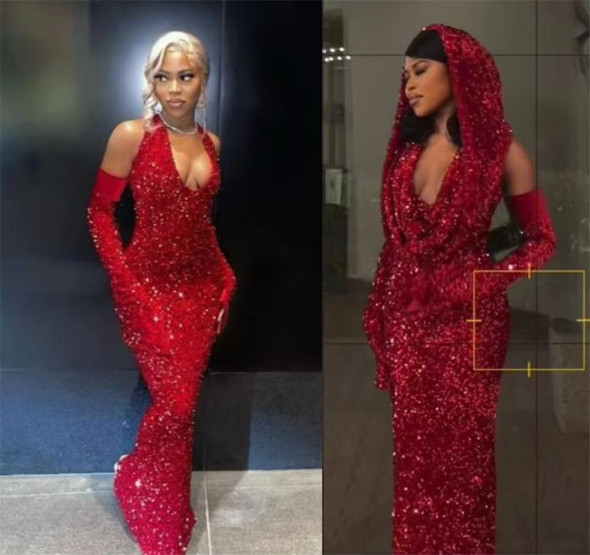 Pretty Sheath V Neckline Red Sequin Long Prom Dresses Formal Evening Dress