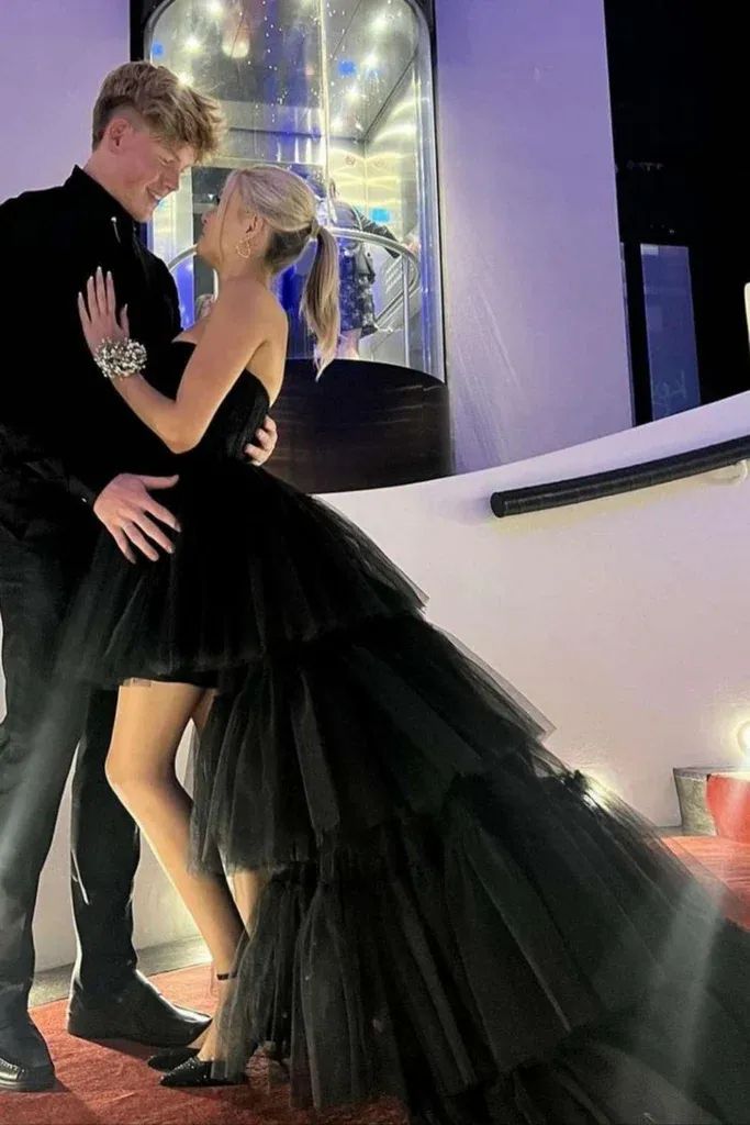 Modest High Low Strapless Black Tulle Long Evening Dress Prom Dresses