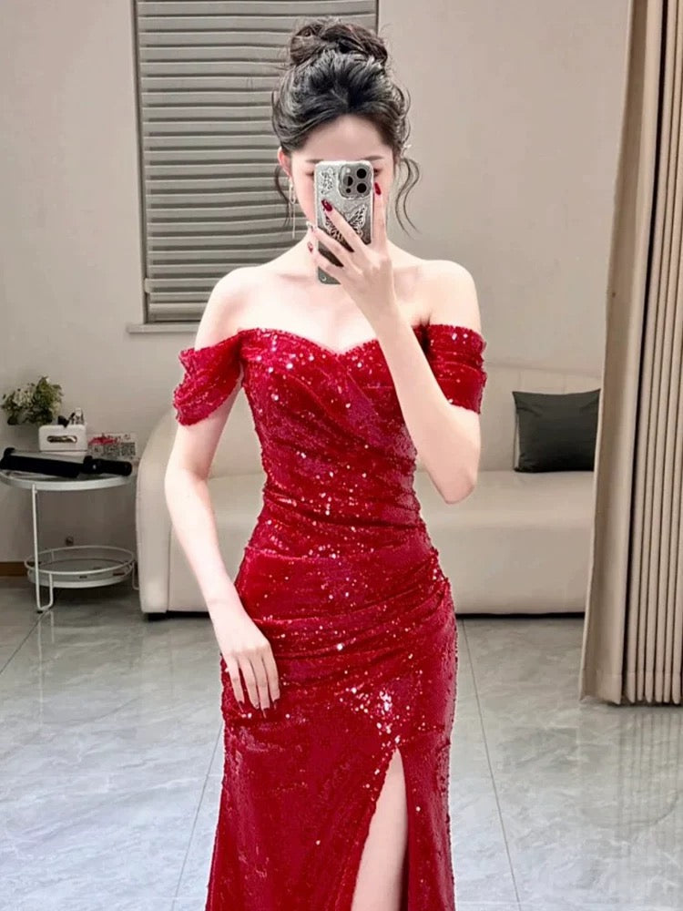 Sexy Mermaid Sweetheart Red Off-the-Shoulder Sequin Slit Floor-Length Evening & Prom Dress - View 3 | FashionDia