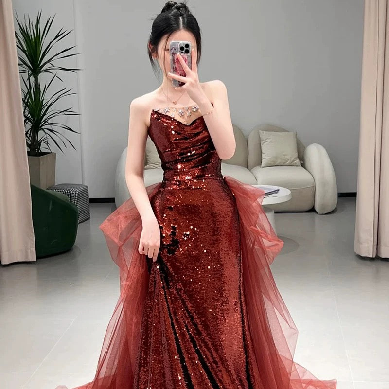 Sexy Mermaid Sweetheart Burgundy Floor-Length Evening Dress Sequin Prom Dresses - View 3 | FashionDia