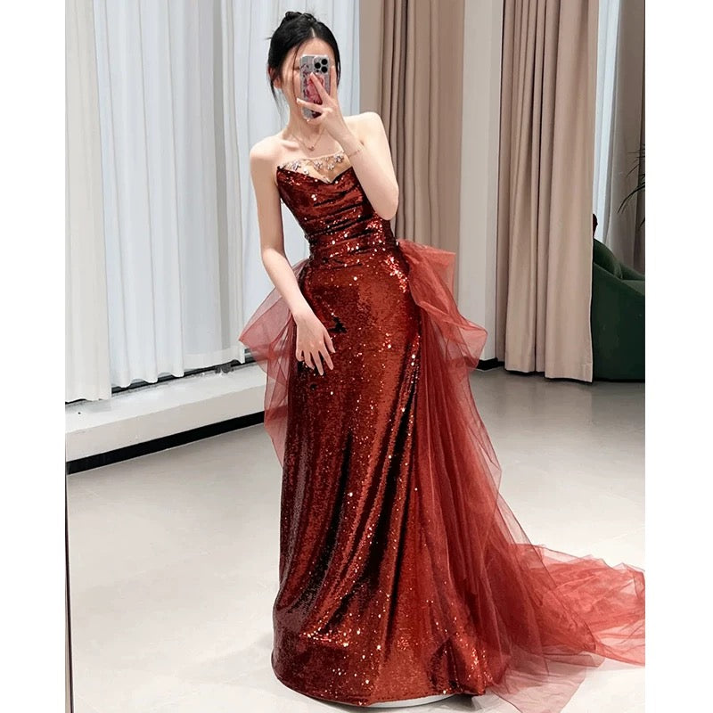 Sexy Mermaid Sweetheart Burgundy Floor-Length Evening Dress Sequin Prom Dresses - View 4 | FashionDia