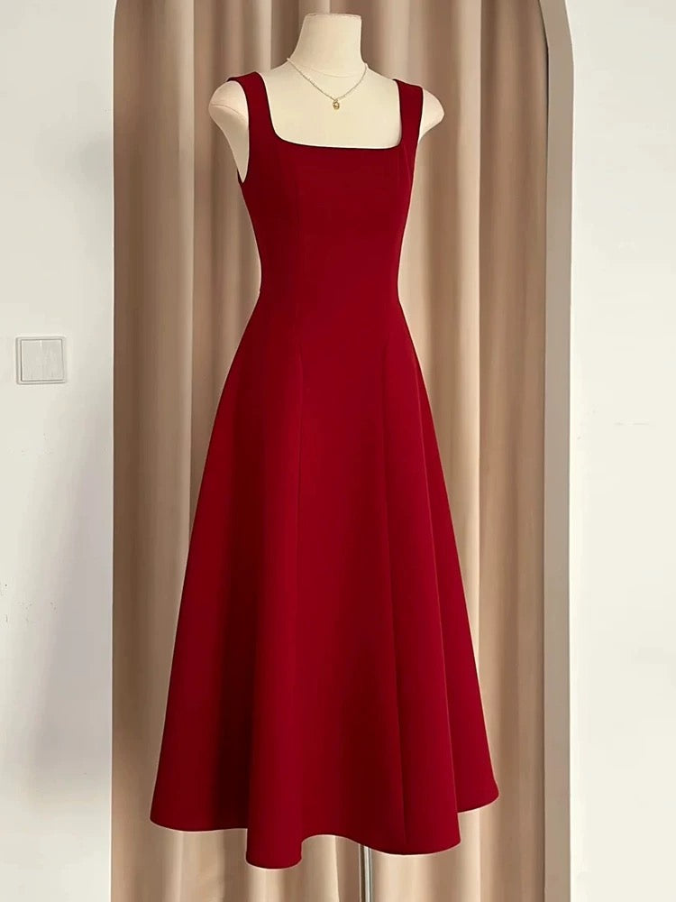 Sexy A Line Square Neckline Red Satin Ankle Length Evening Dress Prom Dresses