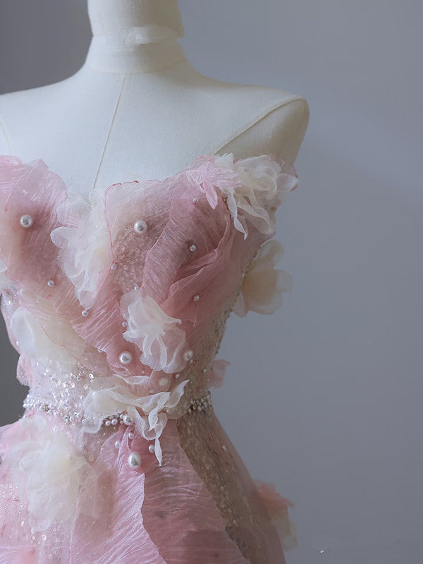 Modest A-Line Sweetheart Pink Tulle Sequin Flowers Evening & Prom Dress - View 6 | FashionDia