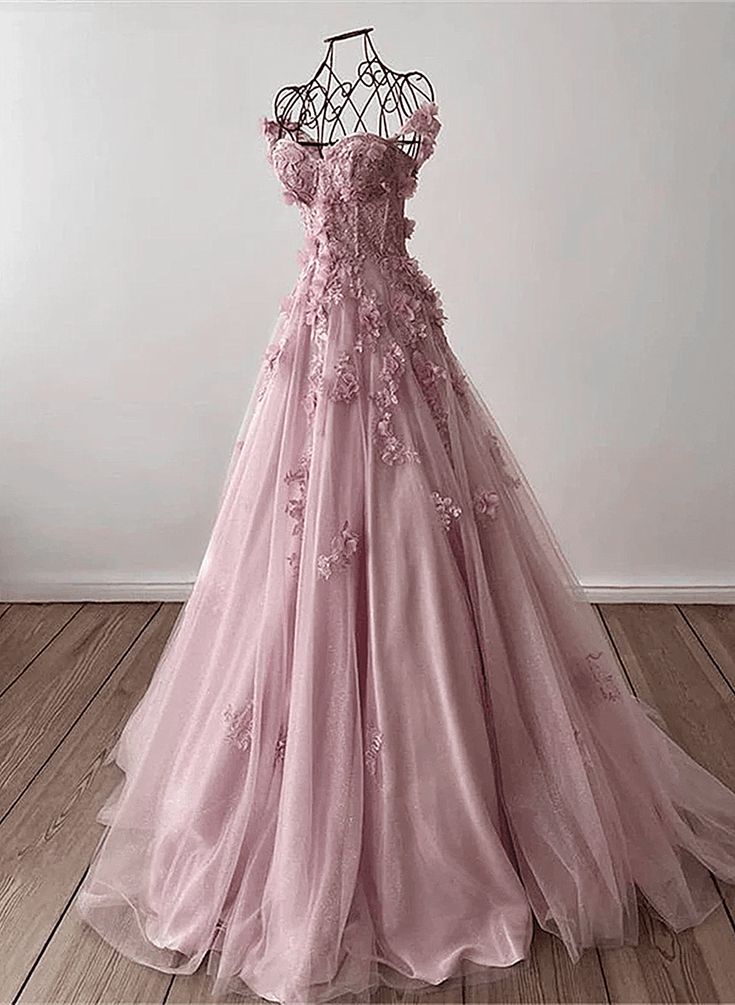 Retro Pink Off Shoulder Tulle Floral Party Dress Tulle Prom Dress Evening Dress