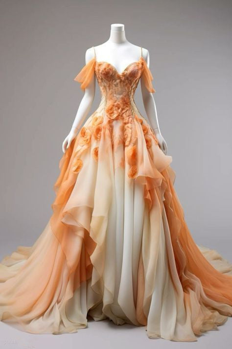 Retro Ball Gown Off-the-Shoulder Orange Chiffon Ombre Evening & Prom Dress - FashionDia