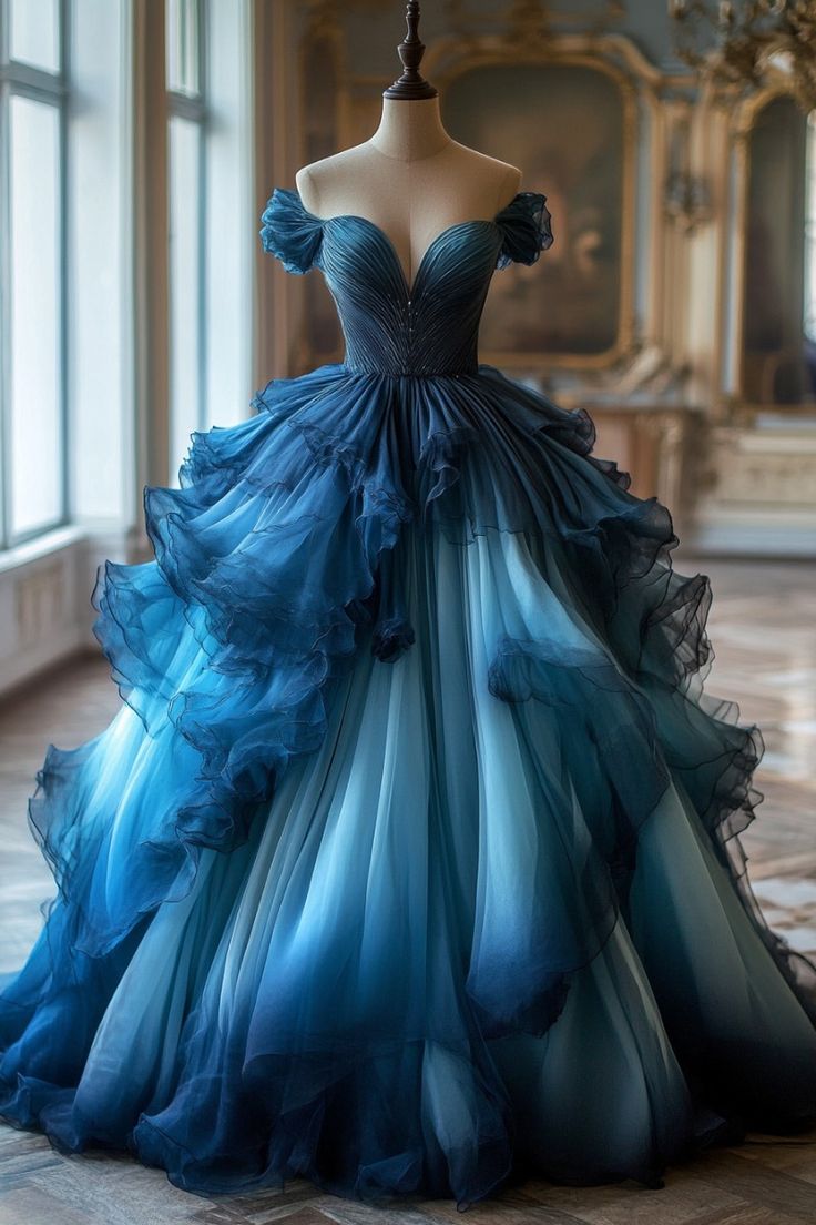 Retro Light Off The Shoulder Tulle Blue Party Dress Prom Dress Evening Dress
