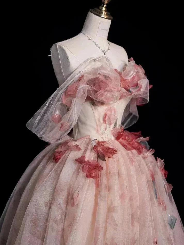 Aesthetic Ball Gown Off-the-Shoulder Pink Lace Party Dress Long Prom Dress Evening Dresses - View 3 | FashionDia