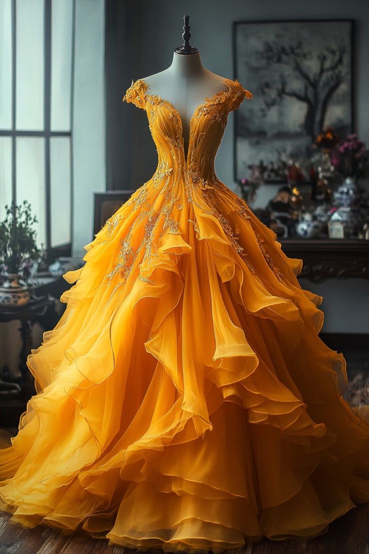 Aesthetic Ball Gown Off-the-Shoulder Yellow Tulle Party Dress Long Prom Dresses Evening Dresses - FashionDia