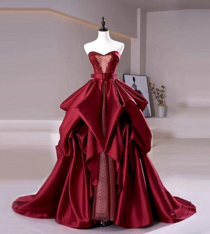 Sexy Ball Gown Sweetheart Burgundy Satin Long Evening Gowns Prom Dresses